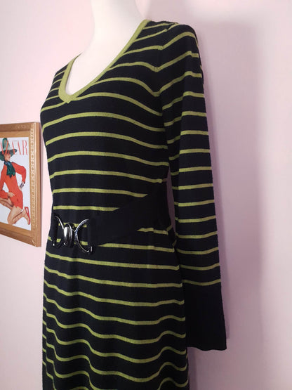 Vintage Laura Ashley Merino Wool Dress Midi Striped Black Green Size 12