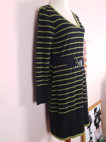 Vintage Laura Ashley Merino Wool Dress Midi Striped Black Green Size 12