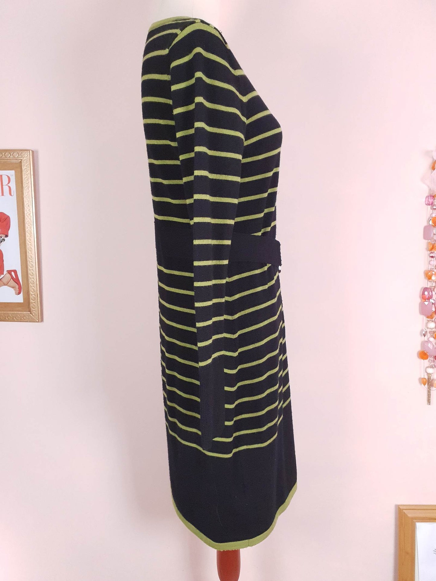 Vintage Laura Ashley Merino Wool Dress Midi Striped Black Green Size 12