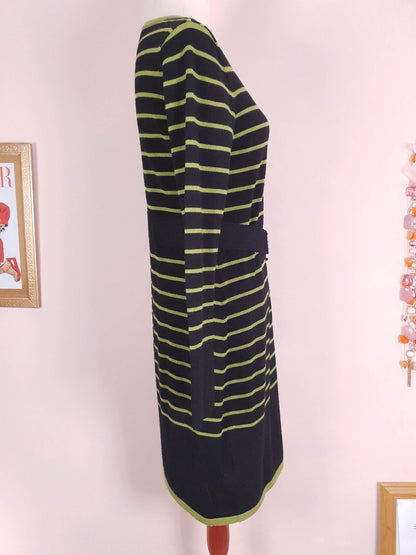 Vintage Laura Ashley Merino Wool Dress Midi Striped Black Green Size 12