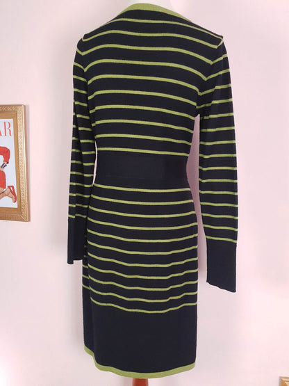 Vintage Laura Ashley Merino Wool Dress Midi Striped Black Green Size 12