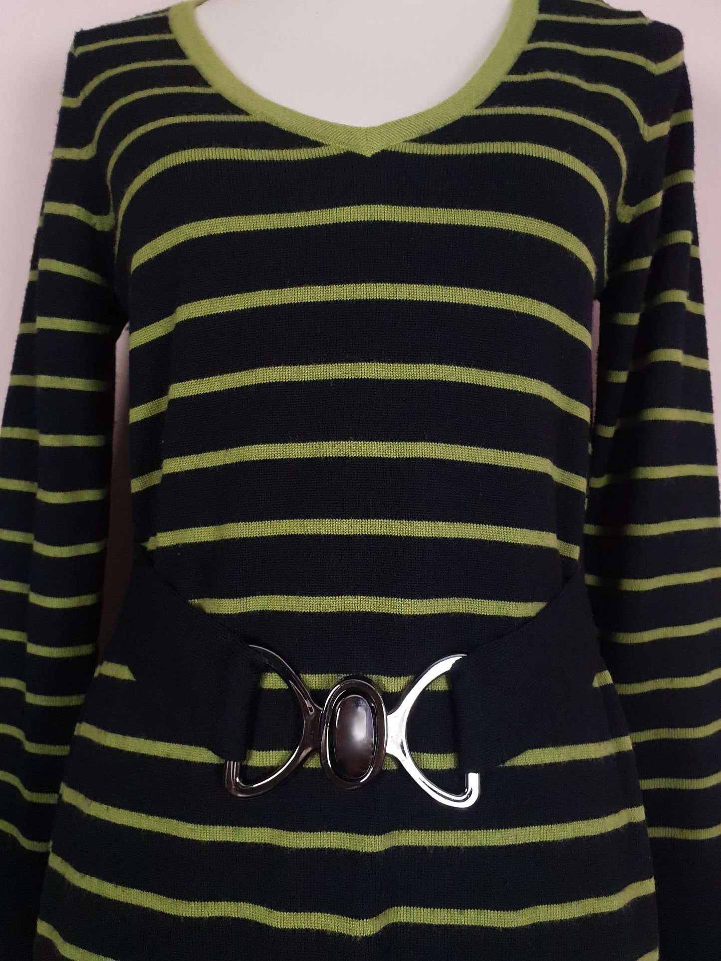 Vintage Laura Ashley Merino Wool Dress Midi Striped Black Green Size 12