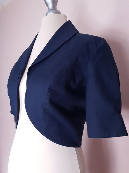 Vintage Laura Ashley Navy Blue Bolero Jacket Cotton 90s Size 10