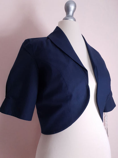 Vintage Laura Ashley Navy Blue Bolero Jacket Cotton 90s Size 10