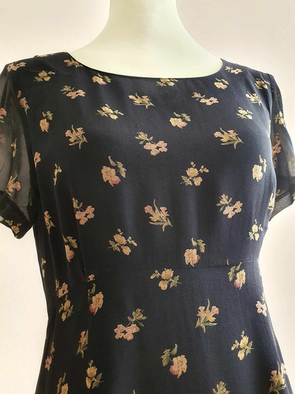 English Classics - Pre-Owned Laura Ashley Navy Blue Floral Silk Tea Dress - Size 10
