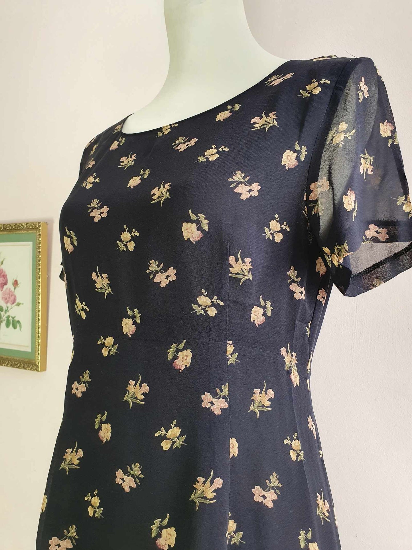 English Classics - Pre-Owned Laura Ashley Navy Blue Floral Silk Tea Dress - Size 10