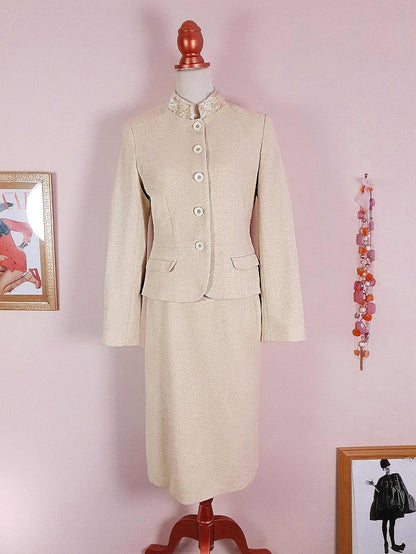 Vintage Laura Ashley Cream Suit Skirt Jacket Set Size 10