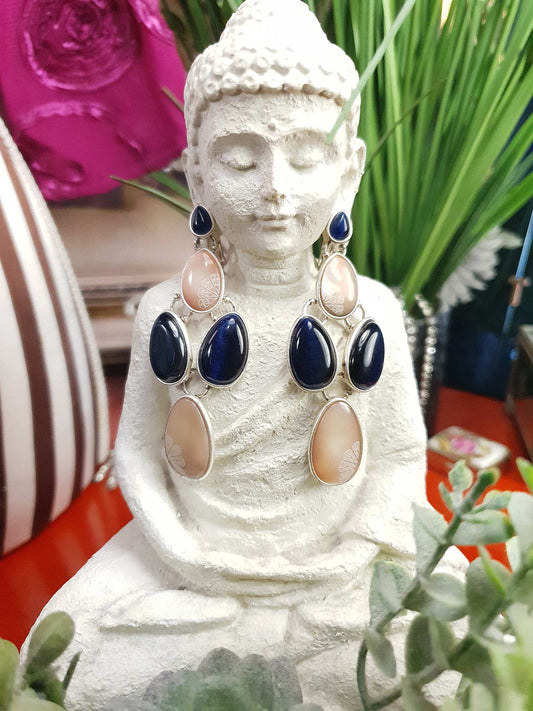 Vintage Liz Claiborne Blue Beige Dangle Drop Earrings 1980s