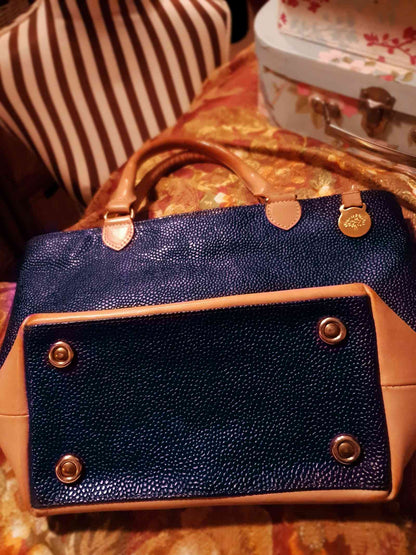 Vintage Mulberry Navy Blue Scotchgrain Hellier Carry Tote Handbag - English Classics