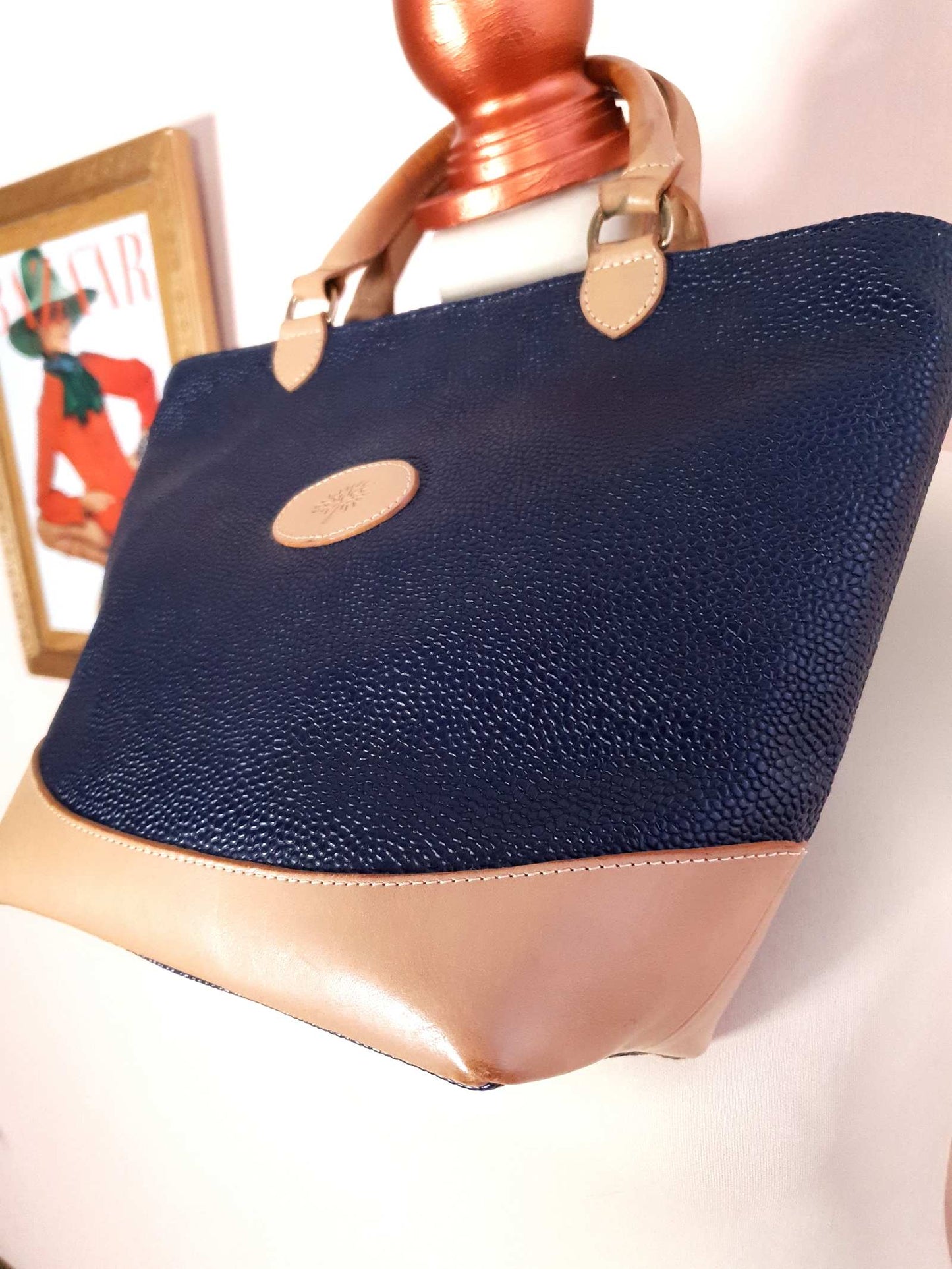 Vintage Mulberry Navy Blue Scotchgrain Hellier Carry Tote Handbag - English Classics