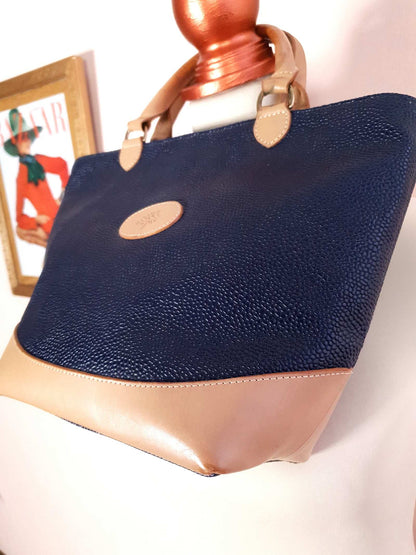 Vintage Mulberry Navy Blue Scotchgrain Hellier Carry Tote Handbag - English Classics