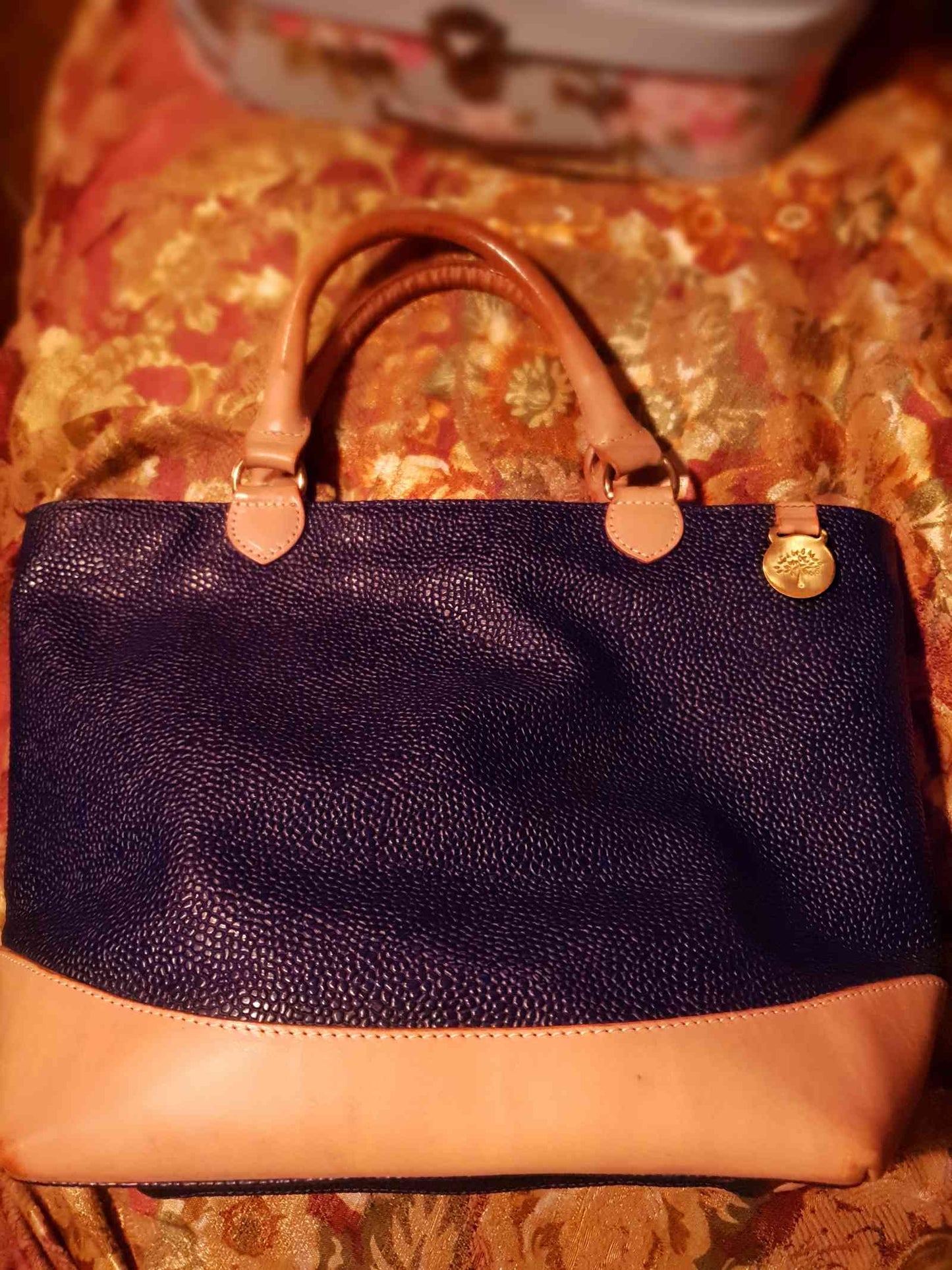 Vintage Mulberry Navy Blue Scotchgrain Hellier Carry Tote Handbag - English Classics