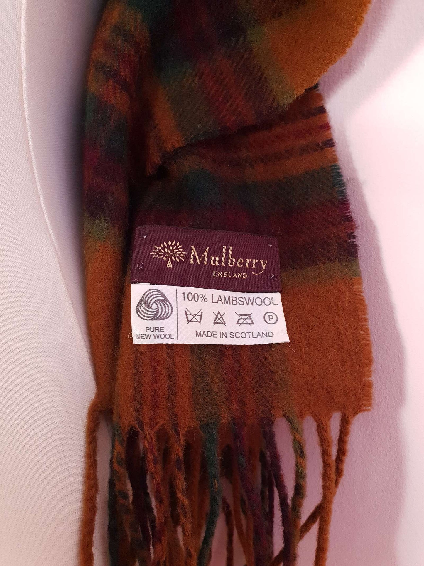 Vintage Mulberry Lambswool Plaid Scarf Tartan Check 1990s