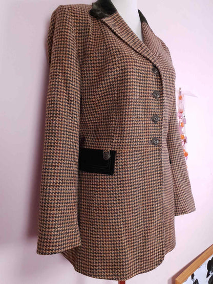 Vintage Mulberry Houndstooth Check Wool Jacket 1990s - Size 14