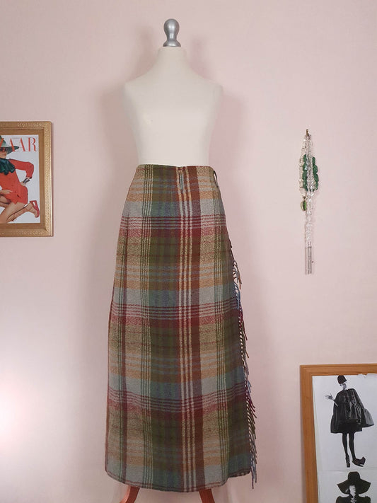 Vintage Mulberry Plaid Wool Skirt Tartan Check Long Maxi Size 14/16