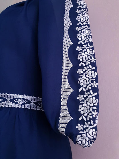 Vintage Navy Blue Maxi Dress 1970s - Size 16  Embroidered Floral Romantic Boho Bohemian Retro