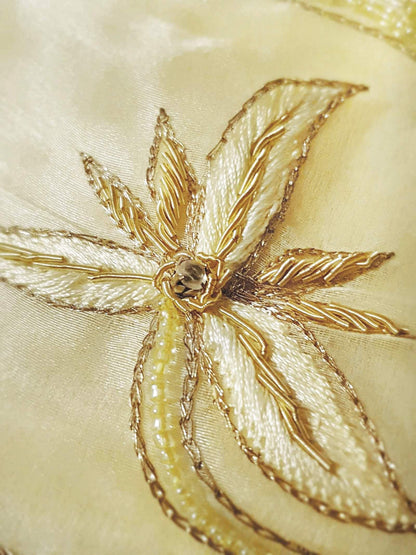 Vintage Pale Yellow Organza Flower Embroidered Skirt Sequins Floral 1970s  - Size 12