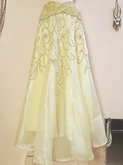 Vintage Pale Yellow Organza Flower Embroidered Skirt Sequins Floral 1970s  - Size 12