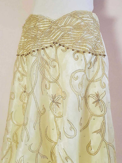Vintage Pale Yellow Organza Flower Embroidered Skirt Sequins Floral 1970s  - Size 12