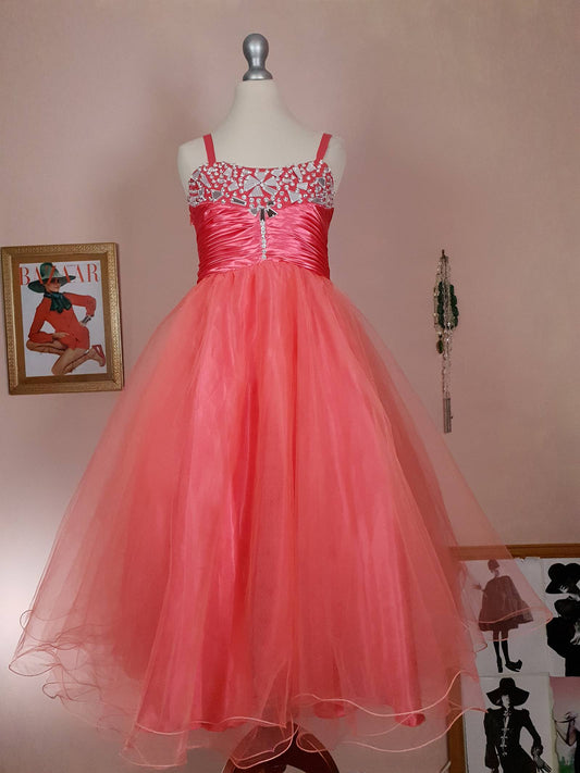 Vintage Peach Satin & Tulle Party Dress Ball Gown Y2K Prom Fit & Flare Size 8