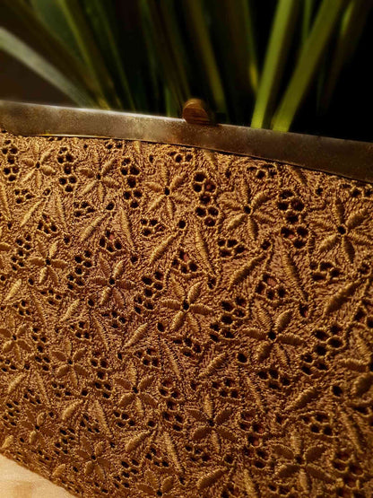 Vintage Clutch Bag 1960s Brown Broderie Anglaise Lace Retro 60s Handbag