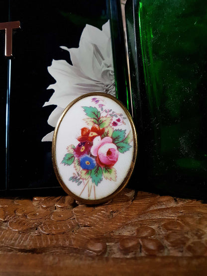 Vintage Royal Worcester Flower Brooch Pin 1950s Bone China Floral Hand Painted