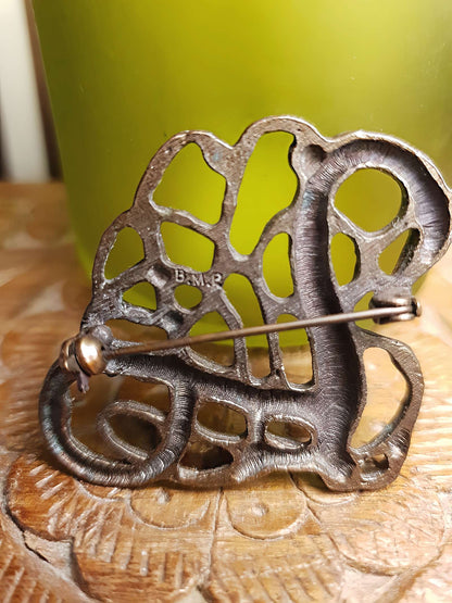 Vintage 1970s Viking Dragon Copper Brooch VTG Scandi Bronze British Museum Signed
