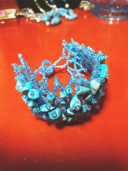Vintage Blue Stone Beaded Boho Bracelet Aurora Borealis Artisan Turquoise AB