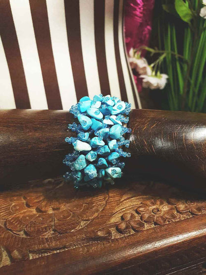 Vintage Blue Stone Beaded Boho Bracelet Aurora Borealis Artisan Turquoise AB