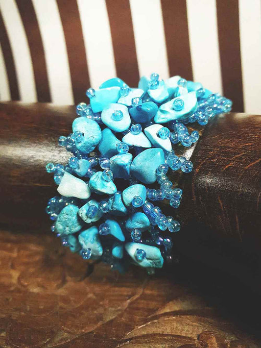 Vintage Blue Stone Beaded Boho Bracelet Aurora Borealis Artisan Turquoise AB