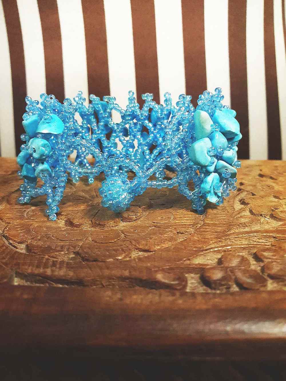 Vintage Blue Stone Beaded Boho Bracelet Aurora Borealis Artisan Turquoise AB