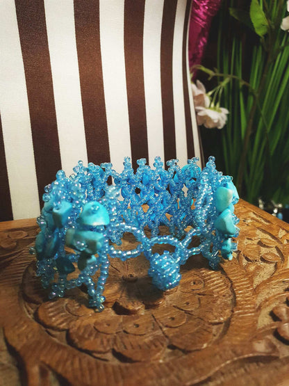 Vintage Blue Stone Beaded Boho Bracelet Aurora Borealis Artisan Turquoise AB