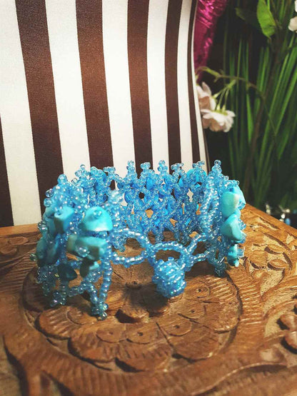 Vintage Blue Stone Beaded Boho Bracelet Aurora Borealis Artisan Turquoise AB