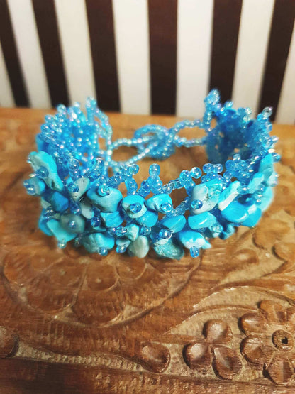 Vintage Blue Stone Beaded Boho Bracelet Aurora Borealis Artisan Turquoise AB