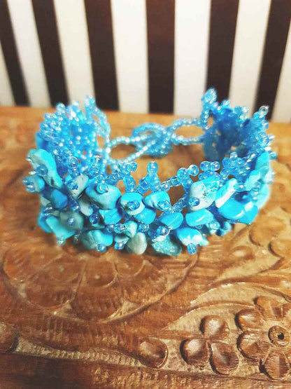 Vintage Blue Stone Beaded Boho Bracelet Aurora Borealis Artisan Turquoise AB
