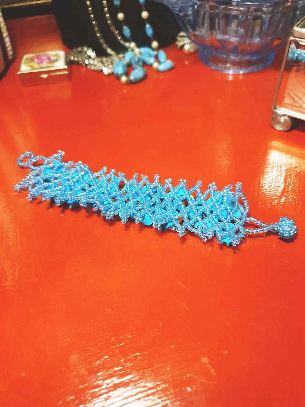 Vintage Blue Stone Beaded Boho Bracelet Aurora Borealis Artisan Turquoise AB