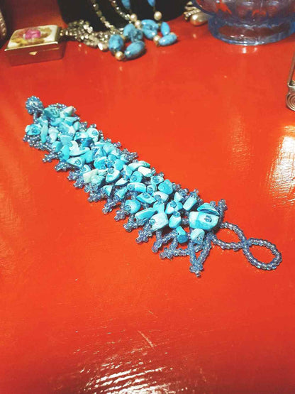 Vintage Blue Stone Beaded Boho Bracelet Aurora Borealis Artisan Turquoise AB