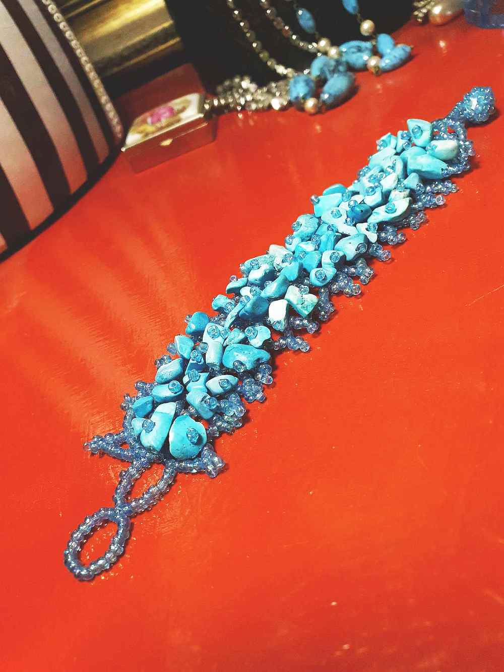 Vintage Blue Stone Beaded Boho Bracelet Aurora Borealis Artisan Turquoise AB