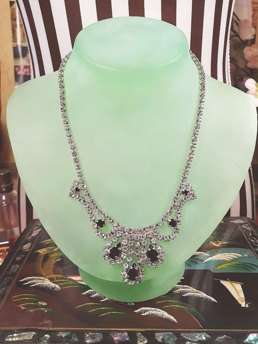 Vintage 1950s Rhinestone Necklace Choker Clear Black