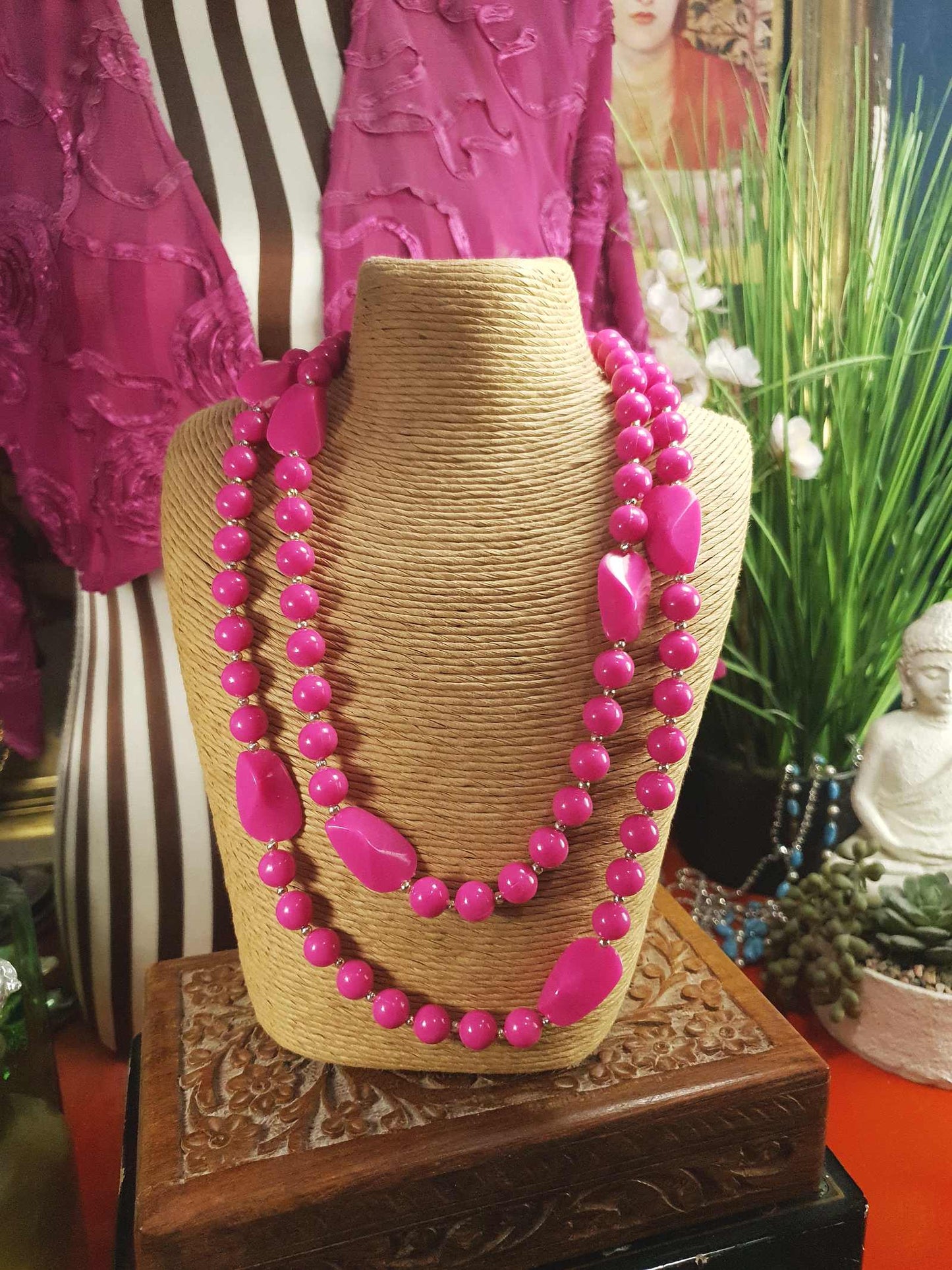 Vintage 1960s Pink Mod Necklace 41" Long Retro Cerise