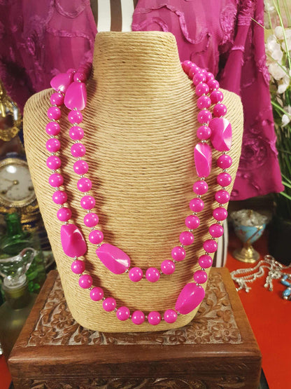 Vintage 1960s Pink Mod Necklace 41" Long Retro Cerise