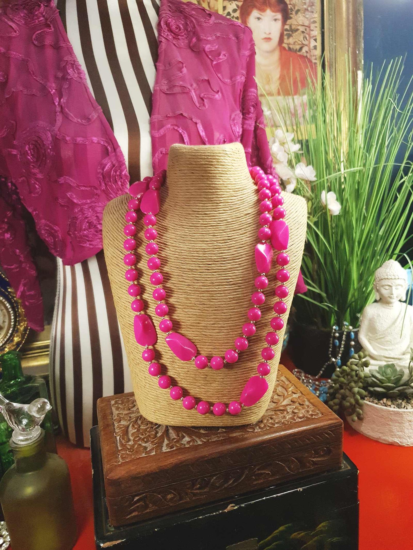 Vintage 1960s Pink Mod Necklace 41" Long Retro Cerise