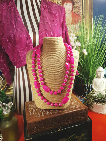 Vintage 1960s Pink Mod Necklace 41" Long Retro Cerise