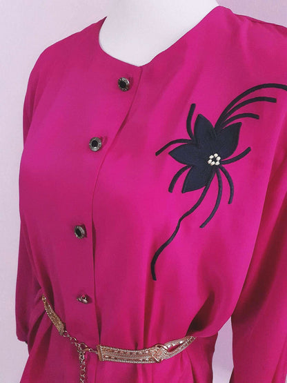 Vintage 1980s Cerise Pink Blouse Shirt Flower Applique Ladies Top Size 16