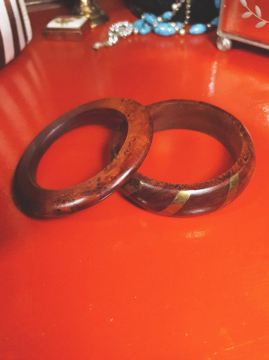 Vintage 1980s Wooden Boho Bangles Bracelet Set Treen Burr Wood Brass Bohemian