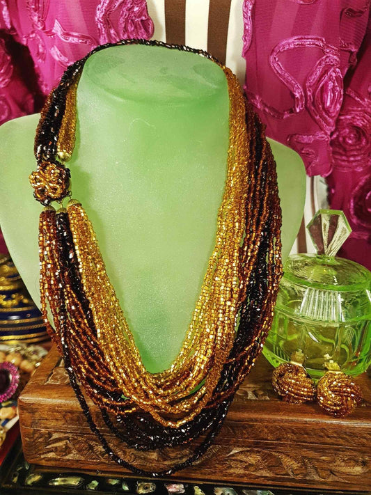 Vintage 1950s Seed Bead Necklace Earrings Set Copper Honey Brown Demi Parure
