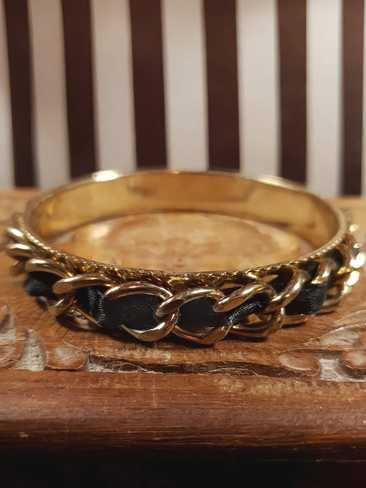 Vintage 1970s Bangle Bracelet Boho Curb Chain Black Ribbon Retro