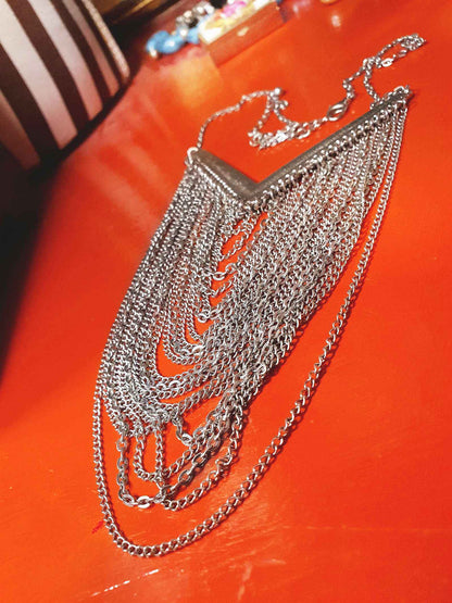 Vintage Boho Chain Statement Bib Necklace Bohemian Drape 90s Silver Tone