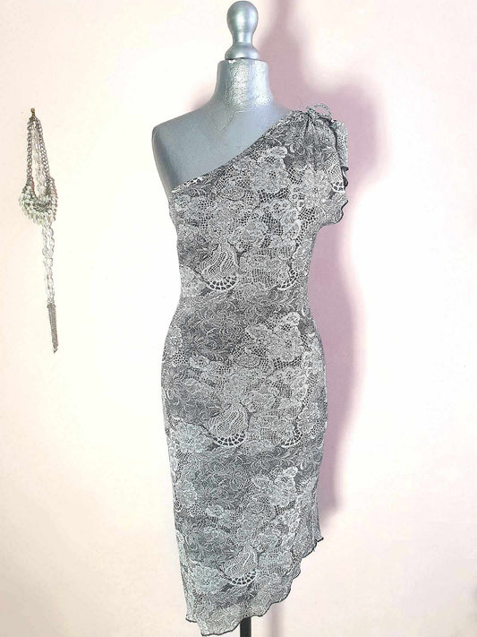 Vintage 80s Party Dress Off-the-shoulder 1980s Black & White Floral Glitter  - Size 8