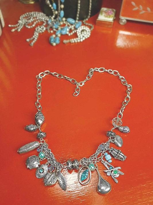 Vintage Boho Charm Statement Necklace Silver-Tone Blue Bohemian Y2K